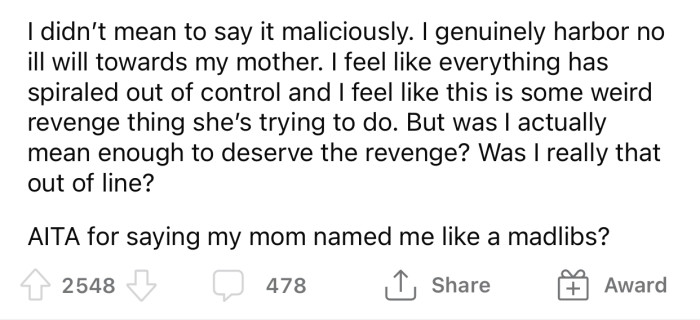 The mother's behavior felt like revenge, and OP couldn't figure out why she chose to go down that road.