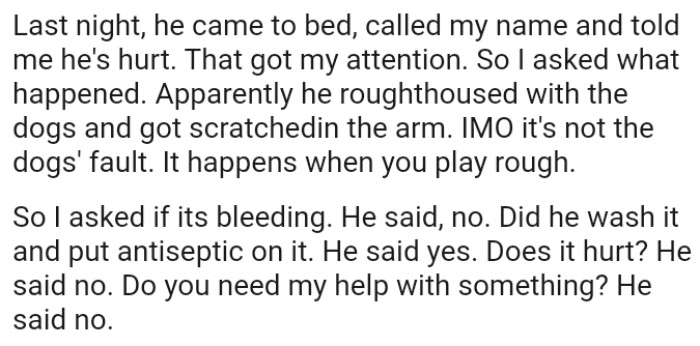 Apparently, the OP's husband roughhoused with the dogs and got scratched on the arm