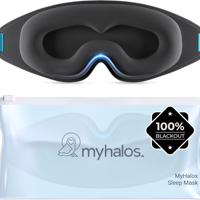 Person wearing MyHalos sleep mask, highlighting comfort and better nighttime rest