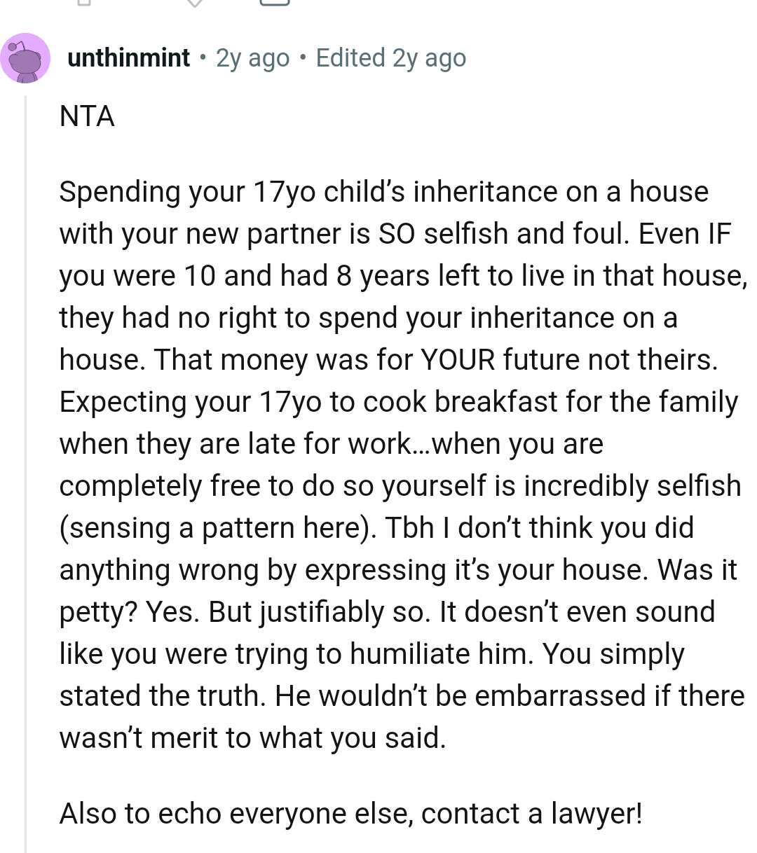 That money was for the OP's future, not his mom's or stepdad's