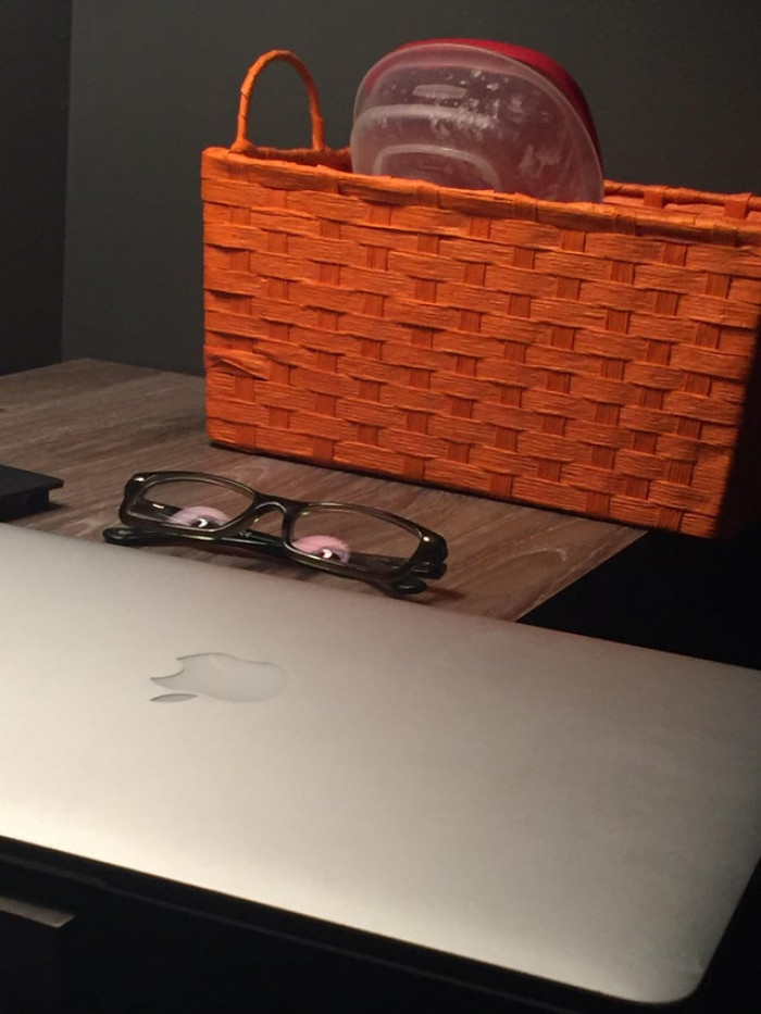 14. The reflection of the lamp gives my glasses eyeballs.