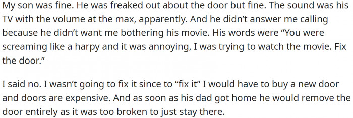 She searched the house and found nothing out of place, so she knocked on her son's door and called his name, but he didn't answer. OP became increasingly worried, wondering if her son had been hurt by something falling.