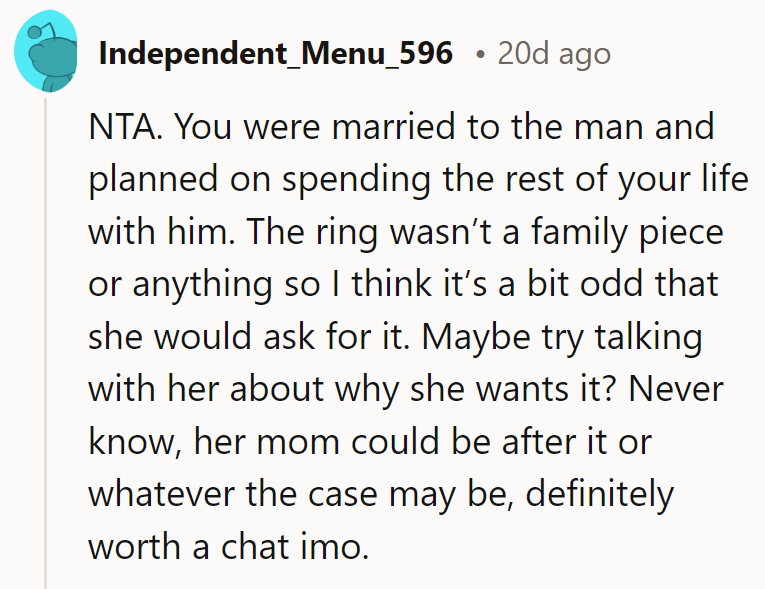 It's not a family heirloom. Perhaps her mom has an eye on it—worth discussing.