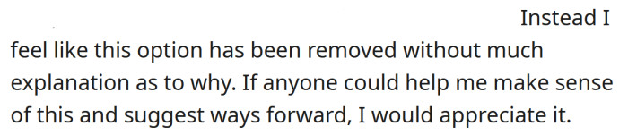 Now the OP is asking the Reddit community for advice.