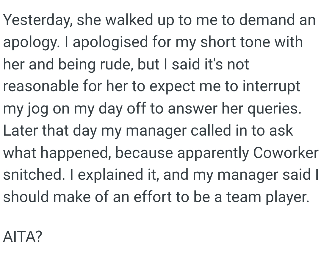 It's Not Reasonable for Her to Expect the OP to Interrupt Her Jog on Her Day Off