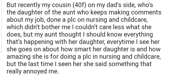 OP's Cousin, on the Other Hand, Chose to Pursue a PLC in Nursing, and Her Aunt Keeps Rubbing This in Her Face