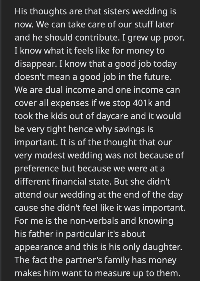 OP also believes her FIL is trying to show his daughter's in-law's that they are just as wealthy as they are.