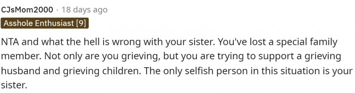More people are calling her sister selfish. I definitely have to agree, though, because she should allow her sister to grieve, especially if she has other options for dog care.