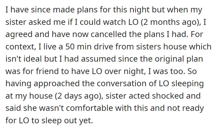 Canceled plans to babysit sister's baby; suggested the baby sleep at OP's house, but the sister is uncomfortable and not ready for it.