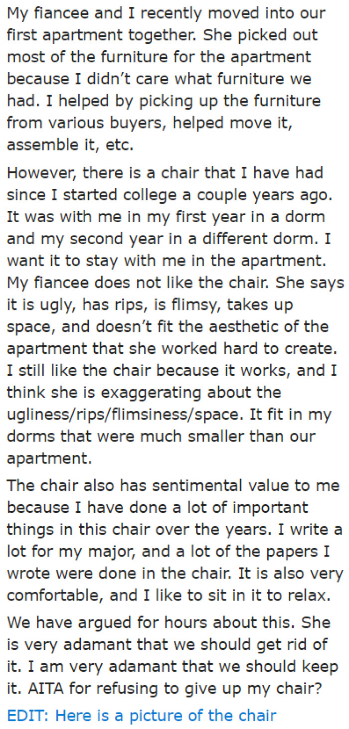 The OP is adamant about keeping the chair because it holds special memories of his college days.