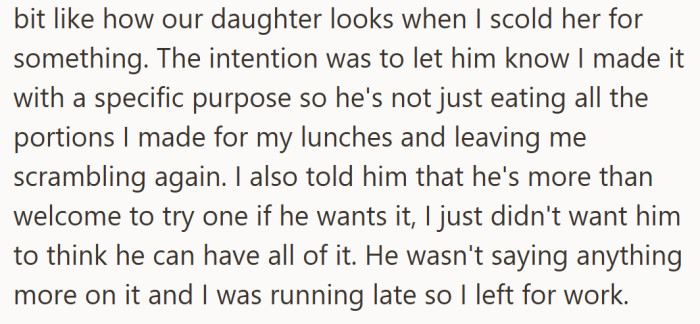 Her tone might have been sharp, but her intention was simple: keep her prepped meals intact so she wouldn’t end up scrambling again.