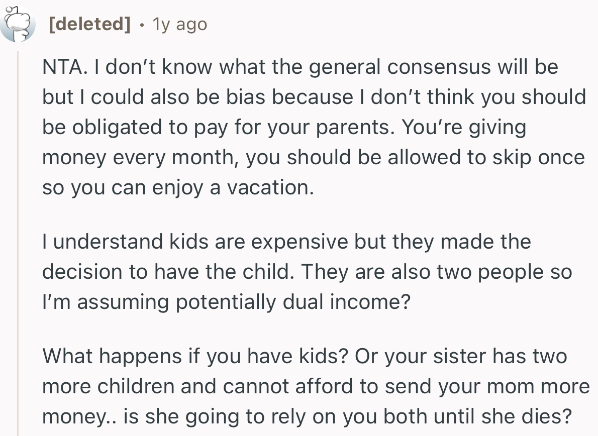 “I don’t think you should be obligated to pay for your parents.”