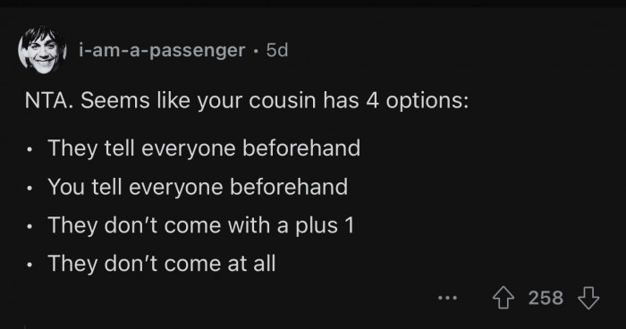 The cousin can only come if he meets the conditions set by Op.