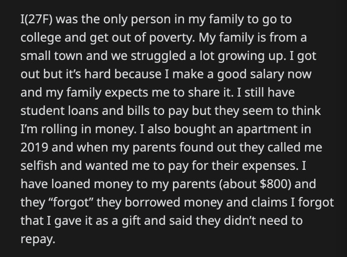 OP said she doesn't have that kind of money because she doubts if her sister would ever pay her back