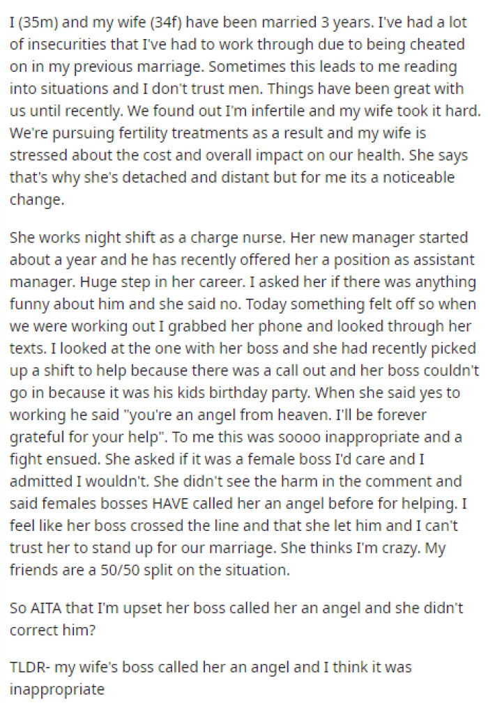Here is OP's post where he explains everything and the conversation that OP's wife was having with her boss where he called her an 