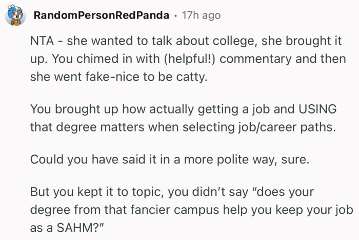 “NTA - she wanted to talk about college, she brought it up.”