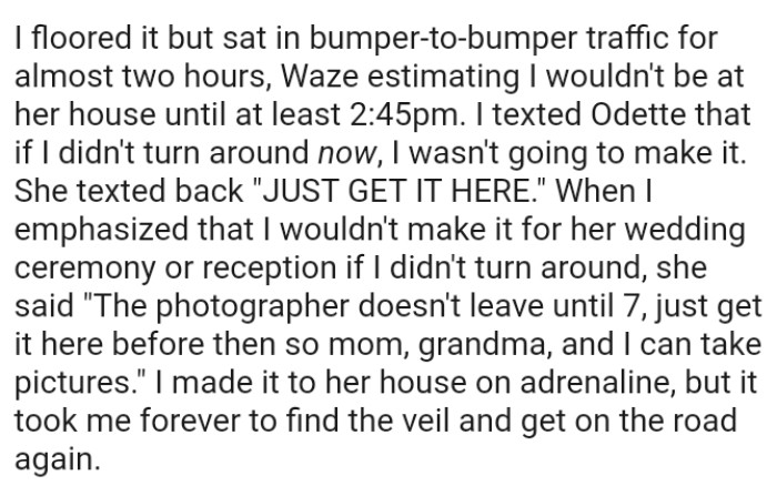 OP texted her sister that if she didn't turn around now, she wasn't going to make it to her wedding ceremony