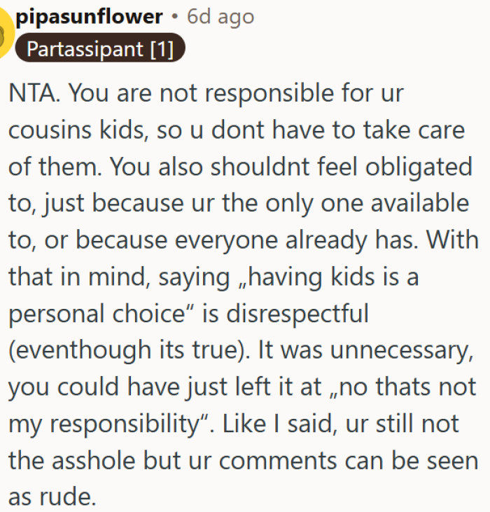 OP had every right to say no to babysitting