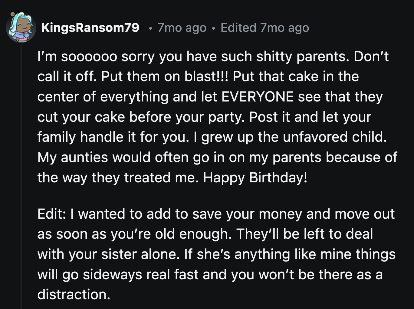 Redditors initially advised OP to push through with the party. They shouldn't give their parents the satisfaction of ruining another one of their birthdays.