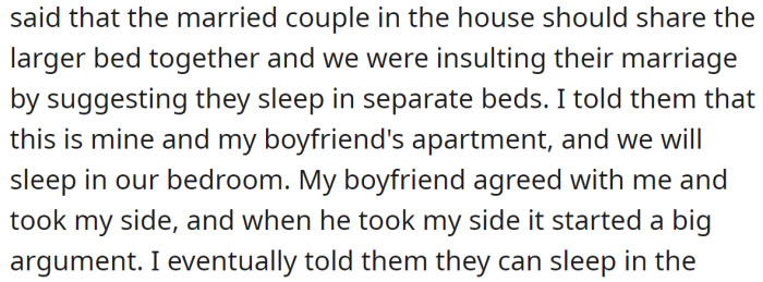 But it caused an argument between them as the parents were expecting to sleep in the master bedroom
