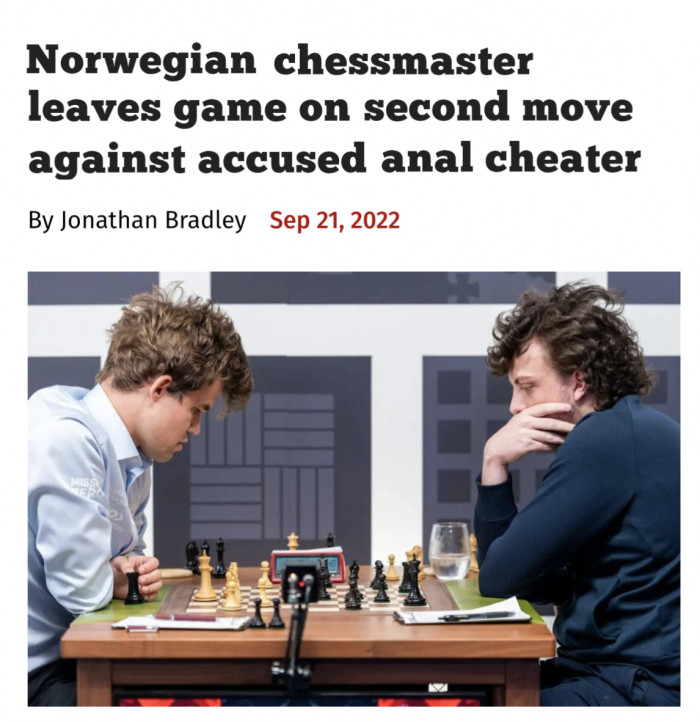 Norwegian chessmaster leaves game on second move against accused anal cheater