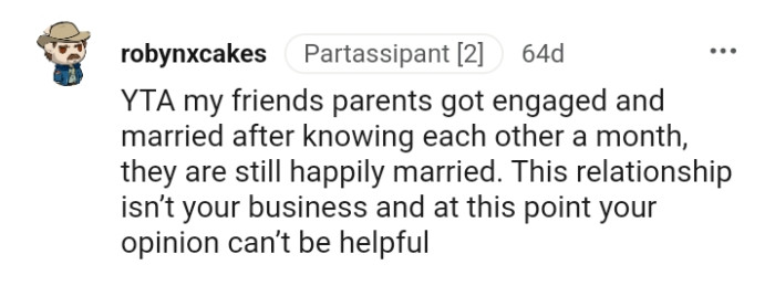 The relationship isn't the OP's business