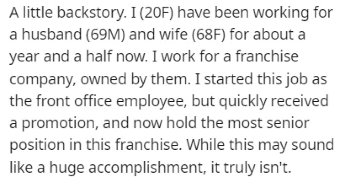 OP has been working at her job for about a year and a half