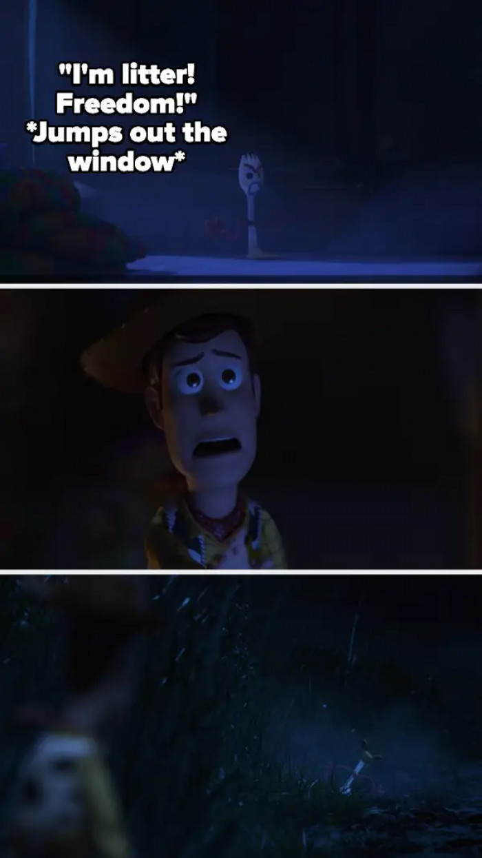 20. Toy Story 4 (2019): Forky referred to himself as trash throughout the movie and repeatedly tried to dispose of himself by jumping into the bin.