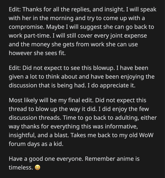 OP's Wife Used to Work as a Special Education Teacher. She Chose Not to Return to Work After the Pandemic. If His Wife Goes Back to Work, Her Salary Will Be Hers to Spend While He Will Continue to Cover Everything Else.