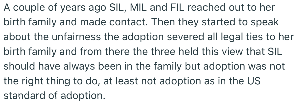 SIL severed all ties with her birth family after discovering the ‘unfairness’ of her adoption