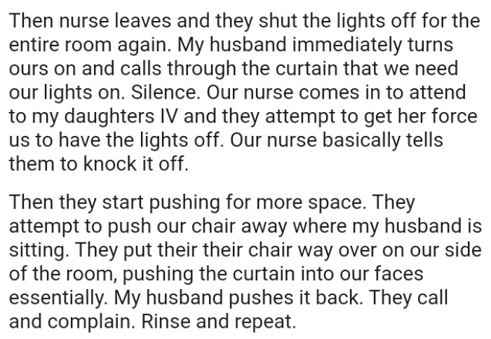 The nurse comes in to attend to the OP's daughter's IV and they attempt to get her to force them to have the lights off