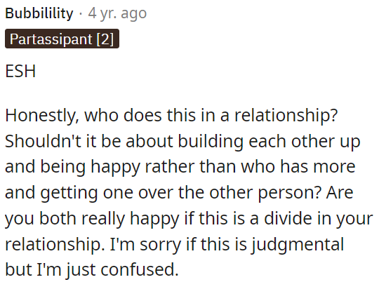 The focus should be on mutual support and happiness rather than competing for superiority.