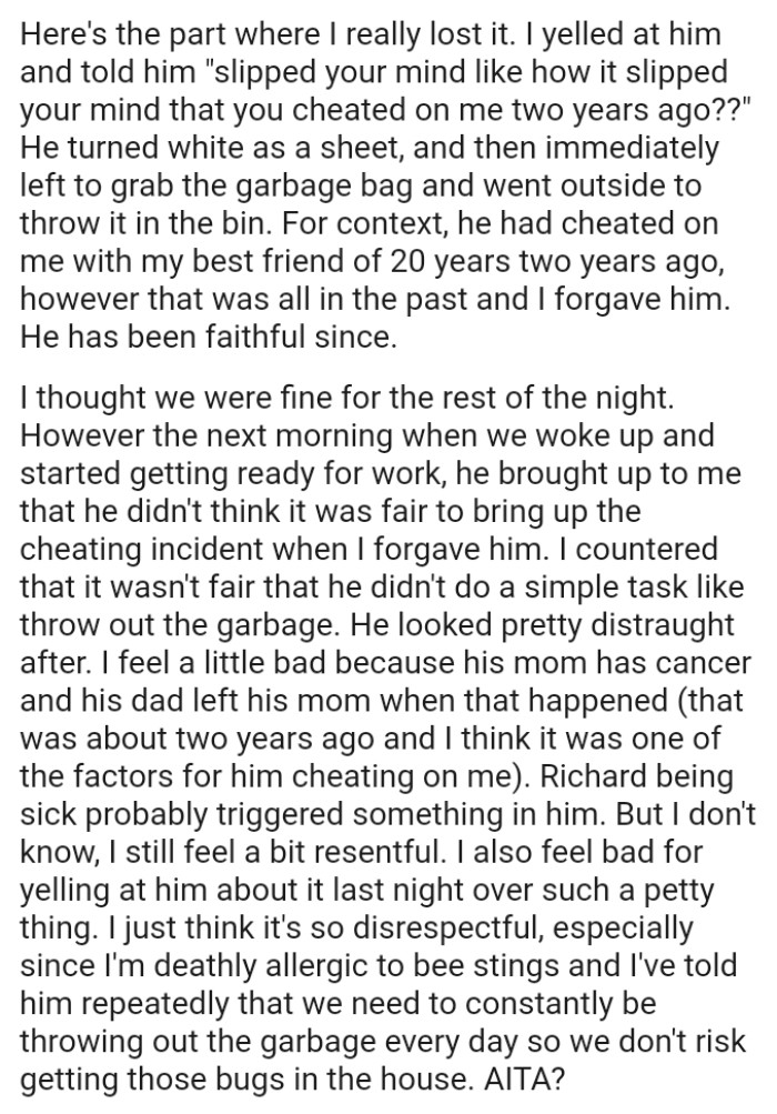 The OP feels a little bad because her husband's mom has cancer and his dad left his mom when that happened