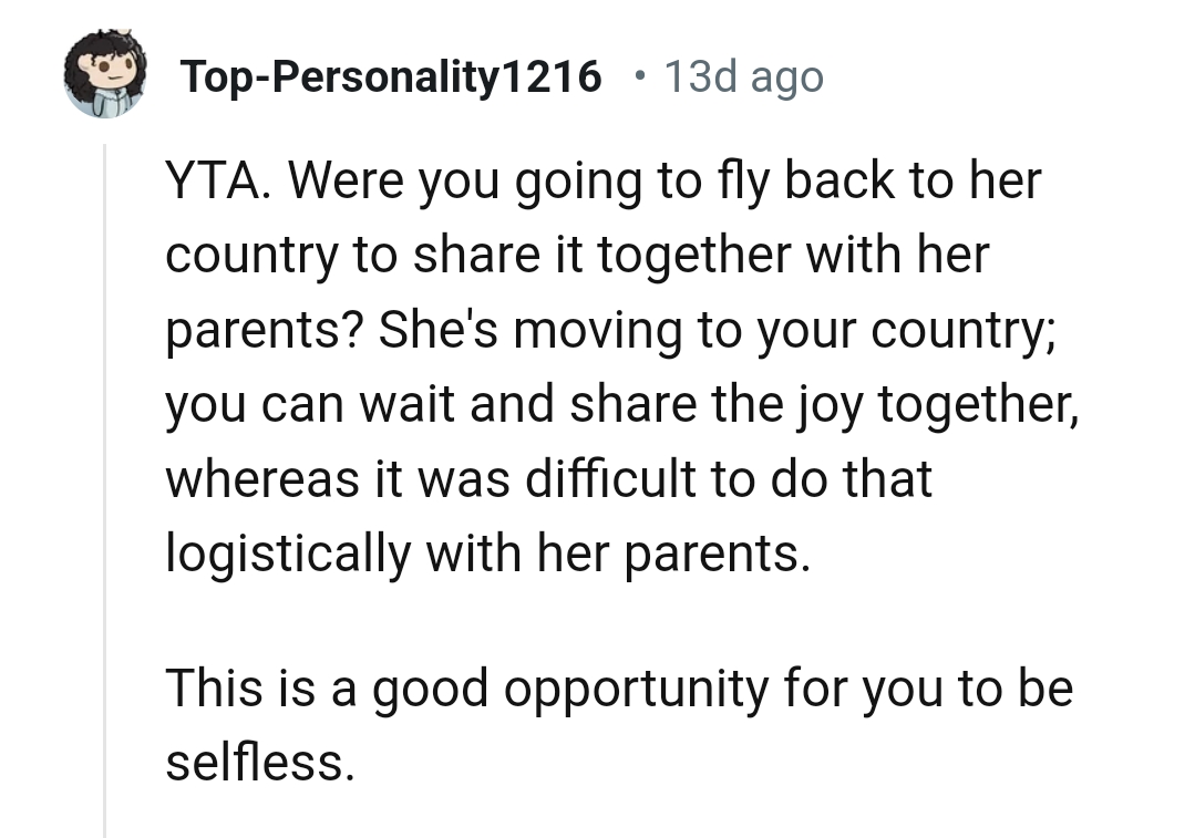 She's moving to the OP's country