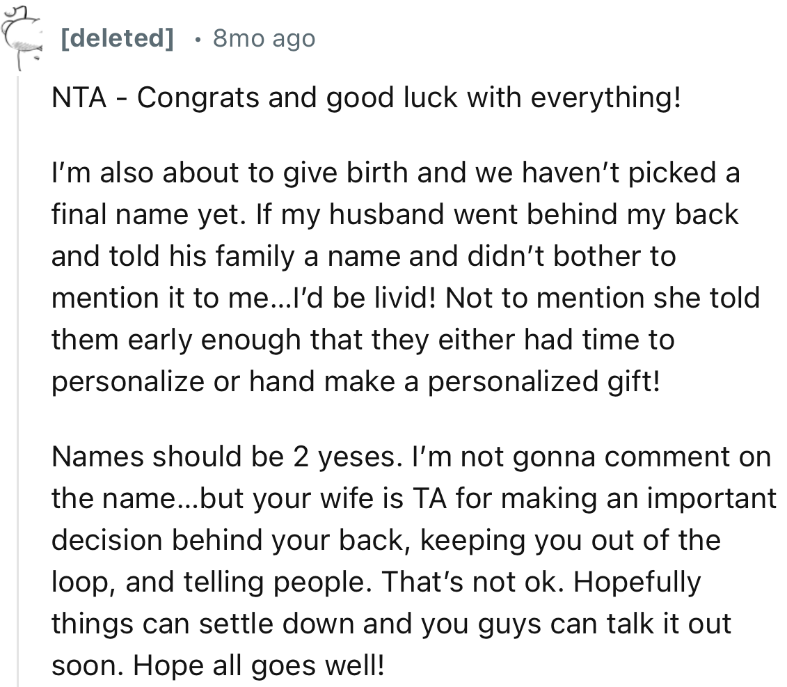 “If my husband went behind my back and told his family a name and didn’t bother to mention it to me…I’d be livid!”