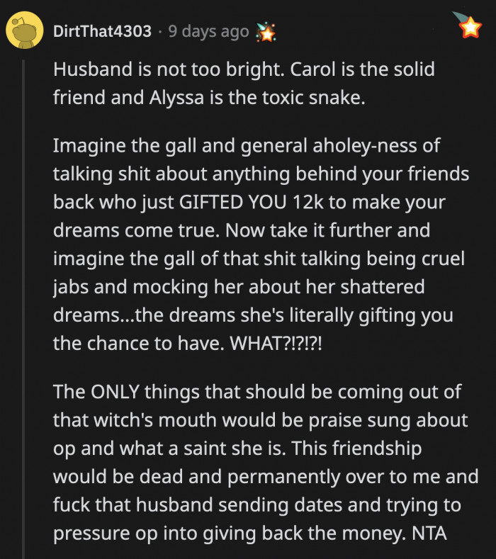 Instead of bragging about having a great friend like OP, Alessia and her husband went the opposite direction and absolutely shattered any friendship they had