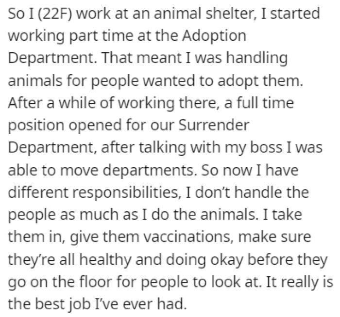 OP started working part time at the Adoption Department of an animal shelter