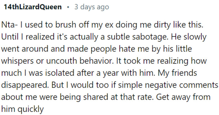 It's important for OP to recognize the manipulation and quickly distance herself from him.