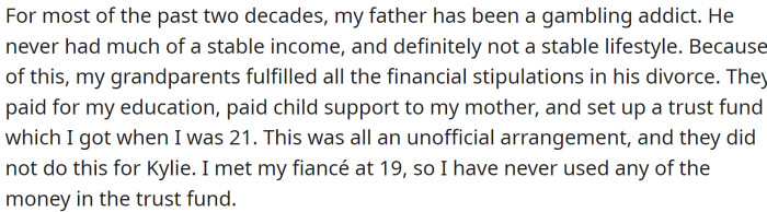 OP's grandparents instead provided financial support to OP's mother and set up a trust fund for OP when she turned 21.