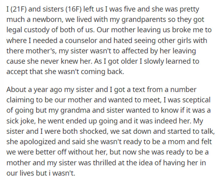OP's post was pretty straightforward, and she started by explaining her situation with her mom and how she left.