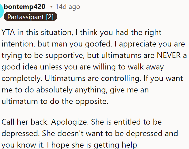 Ultimatums are controlling and ineffective.
