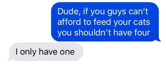 The OP told his friend she shouldn't have four cats if she can't afford to feed them.