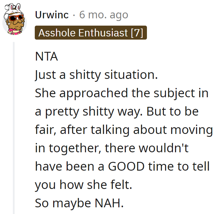 Her romantic revelation timing was like proposing during a horror movie. Maybe it's a No A+ Timing Here scenario.