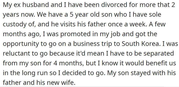 OP explained her son stayed with his father during her four-month business trip: