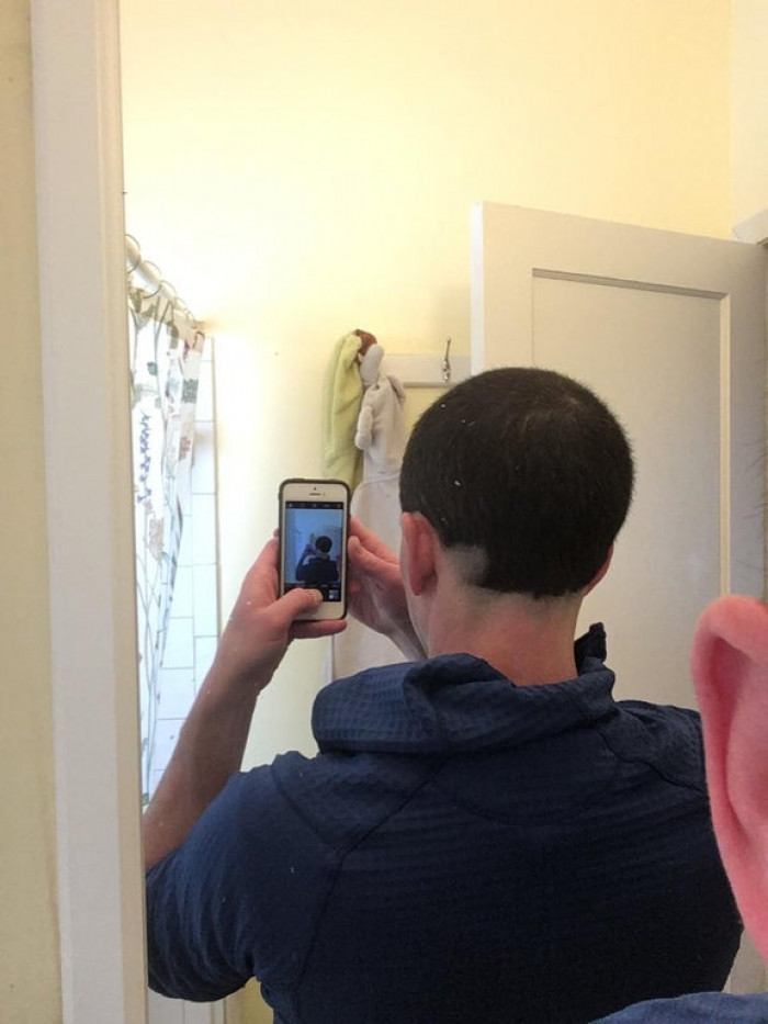 24. I bought some electric clippers to give myself a quarantine cut. I asked my wife to help me trim up the back.