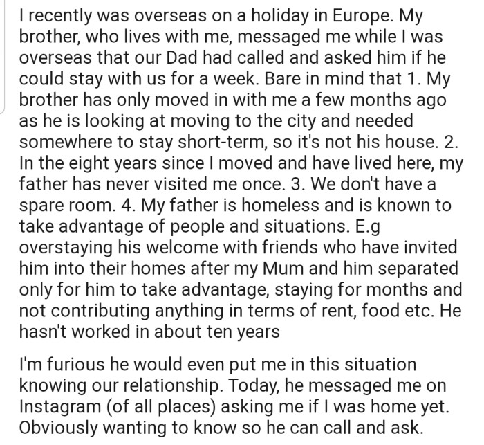 OP's Dad Called to Know if He Could Move in with Her for a Week, but She Is Worried That He Could Take Advantage of Her Kindness