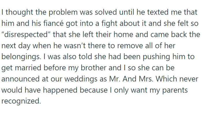 Compromise was found, but the father's fiancée doesn't like it a bit.