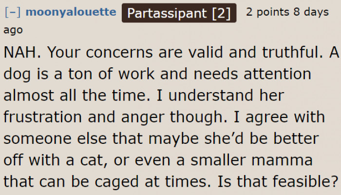 The OP can always suggest other kinds of pets — an animal that can manage on its own while they're away.