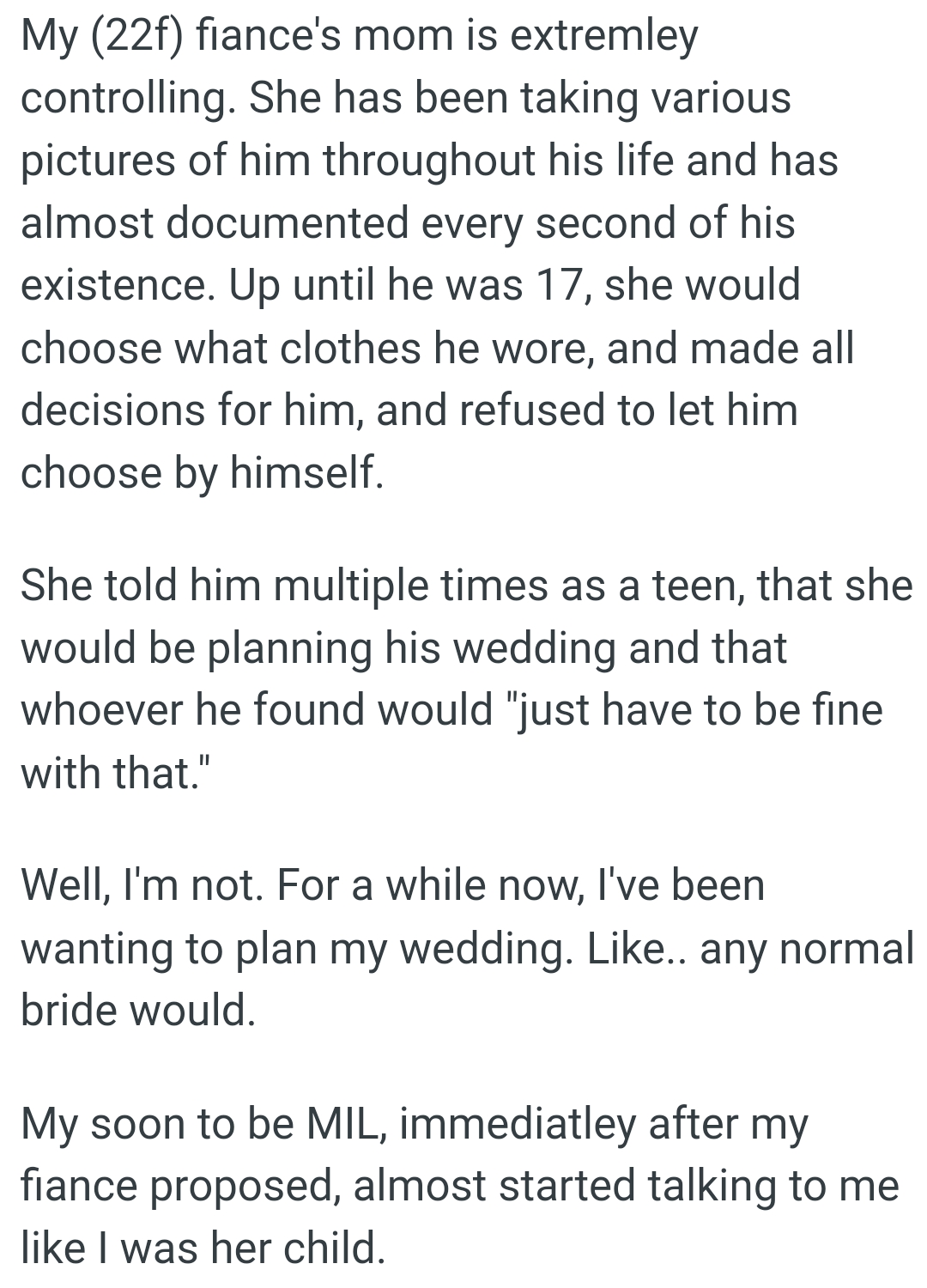 OP's MIL would choose what clothes her fiancé wore and made all decisions for him