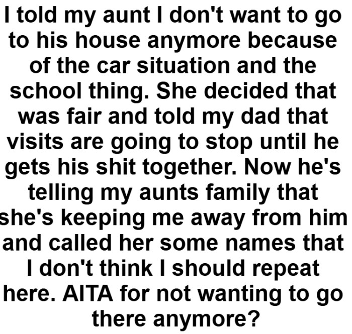 She really just wants to know if she's in the wrong for saying that she doesn't want to go back to her dad's house.